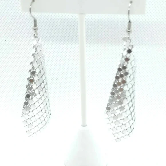 Silver Shiny Earrings Metal Mesh Grid Sequins Tassel Trendy  Slinky Earrings - Picture 5 of 6